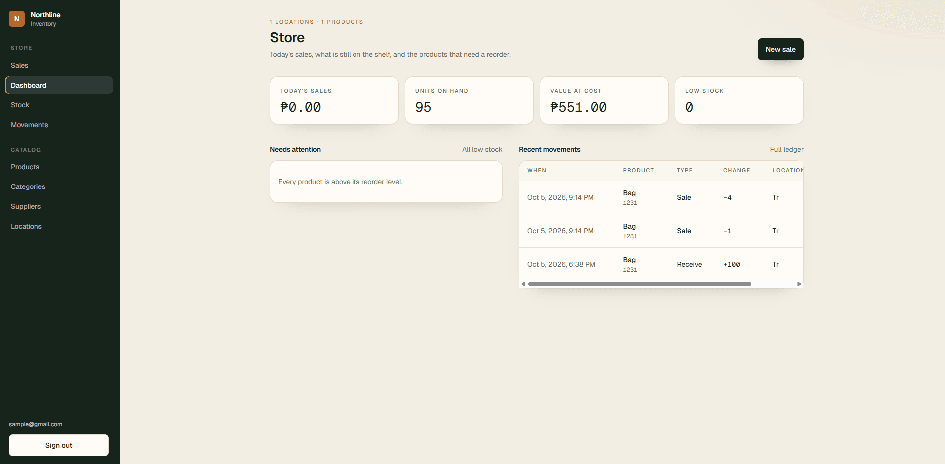 Northline inventory screen, with stock on hand and recent sales